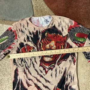 Tattoo Print Mesh Long Sleeve Top Womens S Nude Tiger Dragon Edgy Y2K thumbnail 3