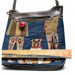 Brown leather jeans base shoulder bag Applique Embroidered Dog Purse Hand Bag. thumbnail 12