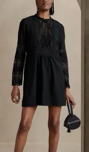 Banana Republic Black Whimsigoth Victorian Lace-Trim Longsleeve Diora Mini Dress thumbnail 1