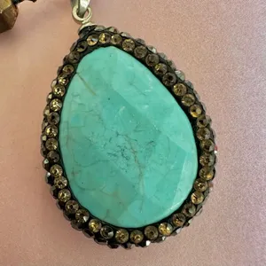 Blue and gold tone beaded long teardrop pendant necklace thumbnail 3
