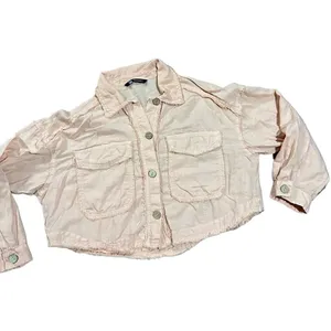 Zara Cropped Linen‎ Blend Jacket Peach Pink Frayed Raw Hem Utility sz M thumbnail 10