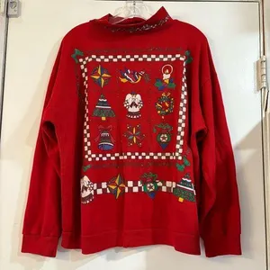 Vintage USA Nutcracker Graphic Christmas Sweater Red Holiday Bow Wreath Glitter thumbnail 1