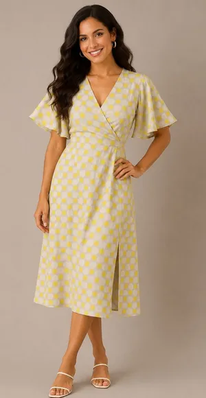 Zara Women XS Yellow Polka Dot Midi Dress Flutter Sleeve V-Neck Wrap Slit Summer thumbnail 1