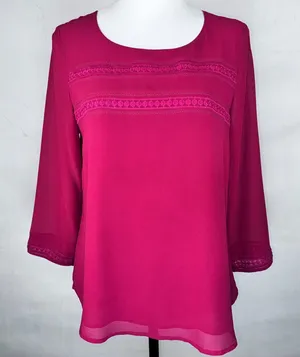 Naked Zebra Blouse Sz M Round Neck Keyhole Back Embroidered 3/4 sheer sleeves thumbnail 1