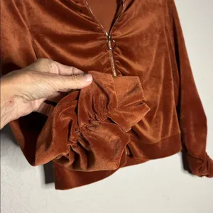 Rust Orange Velvet Crop Hoodie Full Zip Y2K Long Sleeve Ruched 70s Fall thumbnail 3