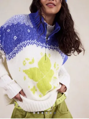 Free People Mythical Knit Sweater Printed Hearts Zip Blue Yellow Combo thumbnail 1