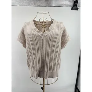 Elie Tahari Women’s Short Sleeve V Neck Beige Grey Sweater Size Large thumbnail 12
