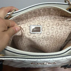 GUESS Quilted Two-Tone Tote in White and Black with Gold Hardware thumbnail 9