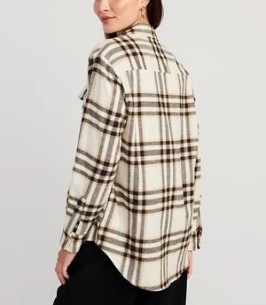 Old Navy Double Brushed Flannel Boyfriend Shirt Cream Black Plaid NWT thumbnail 2