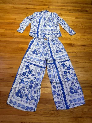 Joie Linen Matching Set Blue/White Floral Two-Piece Pantsuit Coord L/XL coastal thumbnail 8