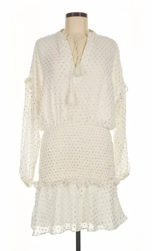 Aqua Womens gold polka dot Ivory Chiffon Smocked V-Neck Mini Dress NWT thumbnail 1