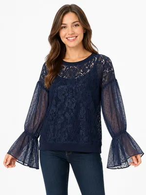 Free People Navy Lace Bell Sleeve Top Women’s XS thumbnail 1
