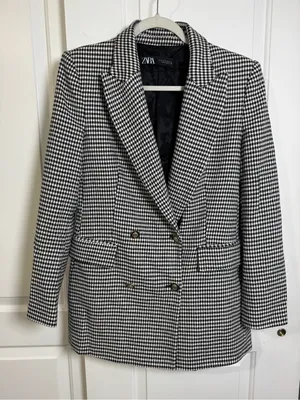 Zara Women’s Houndstooth Double Breasted Blazer Black White Size M Jacke thumbnail 1