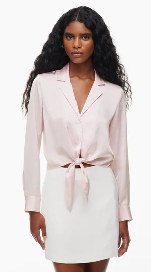 NEW Aritzia Wilfred Tie Front Satin Blouse in Mochi Pink - Size S thumbnail 1