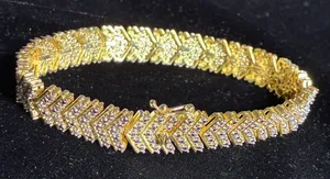 18K Gold Finish Natural Chevron Bracelet 1ct Lab Diamond in Brass 7.5” thumbnail 1