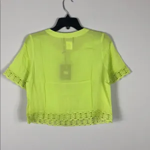 Neon Green Yellow Lace Up Cropped Top Lace Trim Pleated Blouse Size Small thumbnail 4
