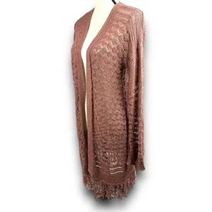 Boho Chic Open Knit Long Cardigan Fringe Trim Lightweight Mauve Small Medium thumbnail 2