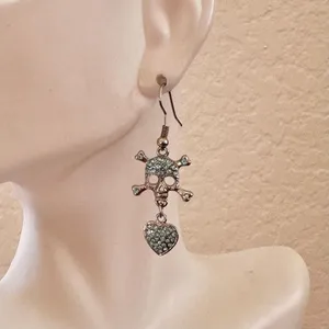 Blue skull and heart rhinestone drop earrings thumbnail 4