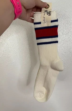 Free People Varsity Stripe Crew Socks White Red Blue Ribbed Athletic NWT thumbnail 1