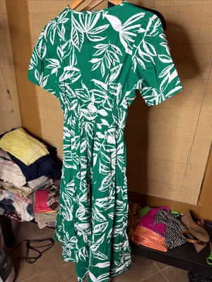 Meadow Rhodes Green White Tropical Leaf Cotton Midi Dress Size Small thumbnail 9
