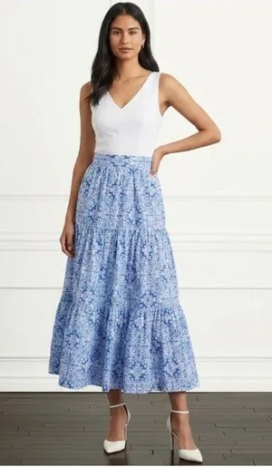 NWT Hill House Camilla in Blue Mosaic Cotton Tiered A-line Maxi Skirt M thumbnail 1