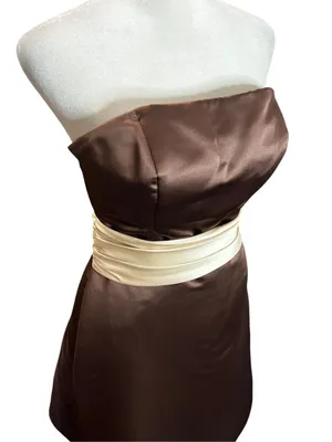 Bill Levkoff Chocolate Brown Satin Strapless Fit Flare Midi Dress Ivory Sash 6 thumbnail 3