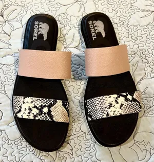 SOREL Ella II Slide Sandals Mauve Vapor Snake Print Leather Dual Strap Sz 11💛 thumbnail 1