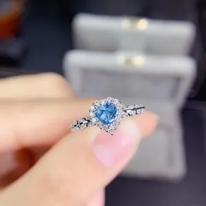 18K White Gold Plated Adjustable Blue Crystal Sapphire Love Heart Ring for Women thumbnail 2