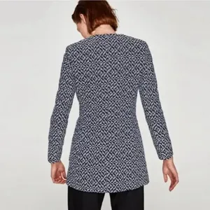 ✨Zara Classic Minimalist Tweed Blue White Zip Up Sz Medium Peacoat✨ thumbnail 4