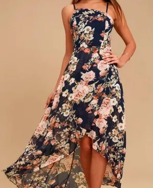 Lulus Reflection Navy Blue Floral Print High-Low Dress Sz L thumbnail 1
