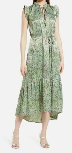 Nordstrom Fourteenth Place Alicia Sage Meadow Green Floral Satin‎ Midi Dress S thumbnail 1