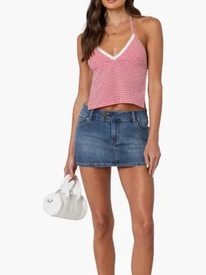 Edikted Charmaine Open Back Gingham Halter Top Red White Small NEW $31 thumbnail 2
