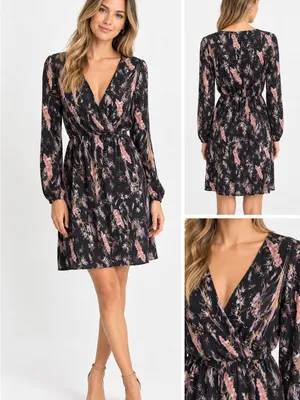 Erika Lang Nordstrom Women's Black Surplice Floral Dress Size Large thumbnail 2