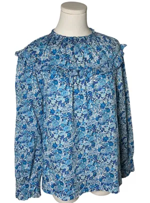 J Crew Liberty Blue Floral Cotton Smocked Ruffle Yoke Blouse M thumbnail 1