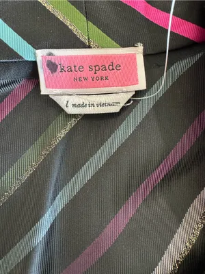 kate spade Black Satin Tie-Neck Blouse with Pink, Green, Blue and White Stripes thumbnail 11