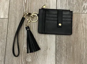 Black Leather Faux (?) ID Cards Wallet Key Fob Tassel Accent Wristlet Strap thumbnail 1