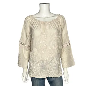Kaktus Boho Embroidered Peasant Top XL Beige Off Shoulder Crochet Sequin thumbnail 2