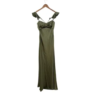 Lulus Exuberant Luxury Olive Green Satin Ruffled Lace-Up Maxi Dress size M NWT thumbnail 3