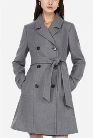 NWT Express Grey Pea Coat Size XL Wool Long Gray Tie NEW Women’s thumbnail 1