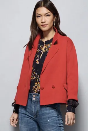 CAbi Red Notch Lapel‎ Blazer Jacket 100% Cotton Women's Size Medium 3/4 Sleeve thumbnail 1