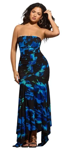 Club London Florianne Navy Floral Print Ruched Bandeau Maxi Dress Size L thumbnail 1