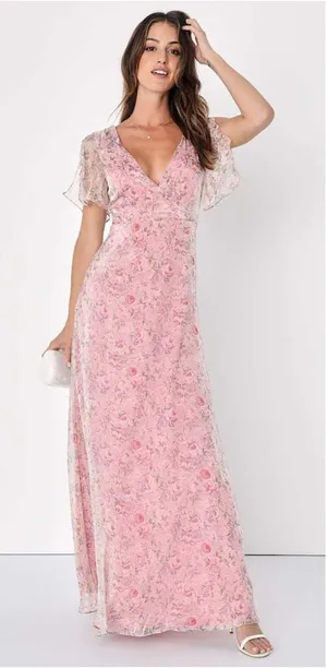 Lulus Dreamiest Desires Pink Floral Flutter Sleeve Maxi Dress thumbnail 1