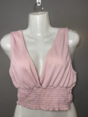 Urban Outfitters Tank Top Womens Medium Pink Deep V Neck Smocked Cropped thumbnail 1