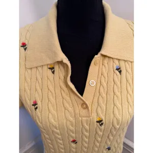 NWT Calligraphie Yellow Cable Knit Floral Embroidered Sweater Polo Top Cottage thumbnail 3