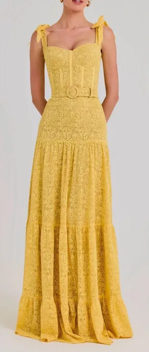 NEW NADINE MERABI Miranda Lace Yellow Belted Gown sz 12 thumbnail 1
