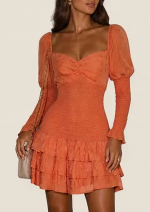Tularosa Coral Orange Smocked Ruffle Milk maid Mini Dress Size Small thumbnail 1