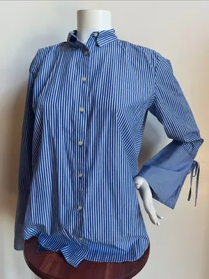 LOFT Blue & White Vertical Stripe Button-Down Shirt trumpet sleeve thumbnail 1