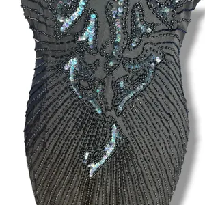 Vintage Black Beaded Sequin Evening Gown Maxi Dress Art Deco Formal Glam Elegant thumbnail 4
