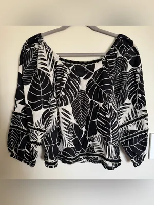 Cynthia Rowley Black White Leaf Print 100% Linen Blouse Crop Beach Size S thumbnail 6