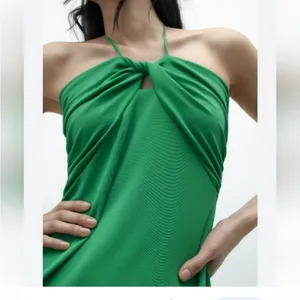 Zara Green Twist Front Halter Sleeveless Midi Seersucker Slip Dress NWT Large thumbnail 9